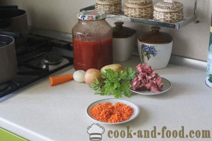 Prosta czerwona zupa z soczewicy z klopsikami i pomidorów - jak gotować zupę z czerwonej soczewicy, z krok po kroku przepis zdjęć
