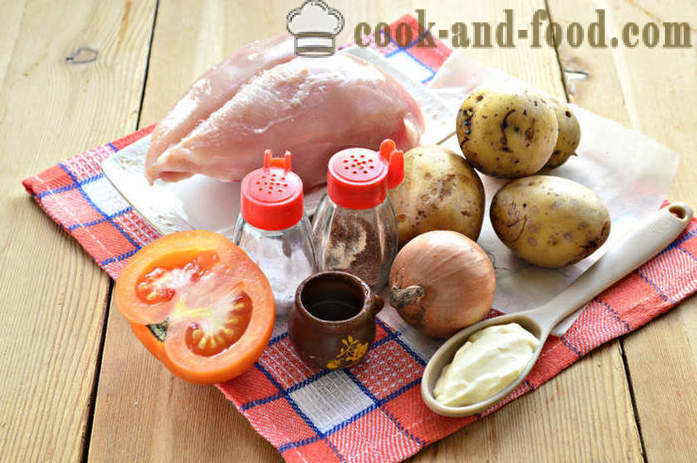 Pieczone ziemniaki z kurczakiem i pomidorami - jak upiec kurczaka w piekarniku z ziemniakami, krok po kroku przepis zdjęć