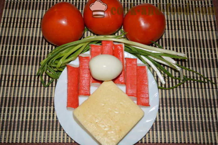 Sałatka z paluszków kraba, pomidorów, sera i jaj - jak gotować pyszne sałatka z paluszków kraba, krok po kroku przepis zdjęć